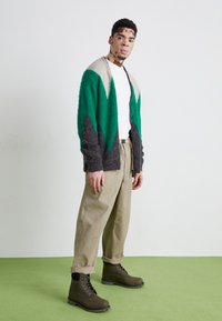 Cardigan tricotat pufoș verde și gri cu modele geometrice, tricou alb, pantaloni bej și cizme de lac maro închis.