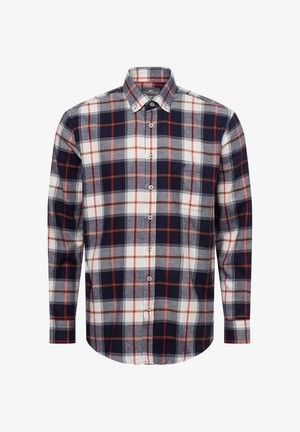 Navy, red, and white plaid button-up shirt with long sleeves, a pointed collar, and a rounded hem; features button placket and chest pocket.