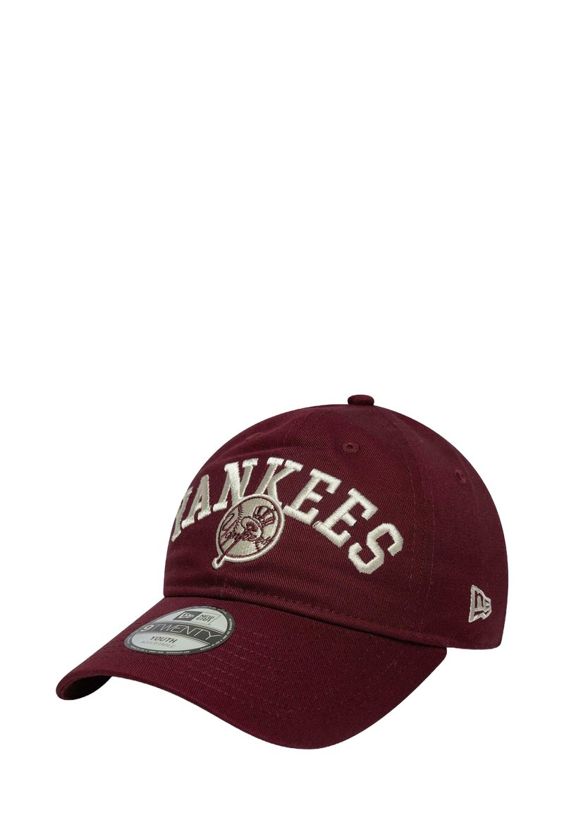 Maroon cap with a curved brim, featuring white "YANKEES" embroidery and a logo patch. Made from durable fabric with ventilation holes.