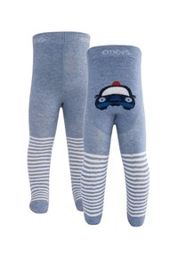 Blaue gestrickte Strumpfhosen mit einem Polizeiauto-Graphic auf der Rückseite; gestreiftes blau-weißes Design; weiche Textur und elastischer Bund.