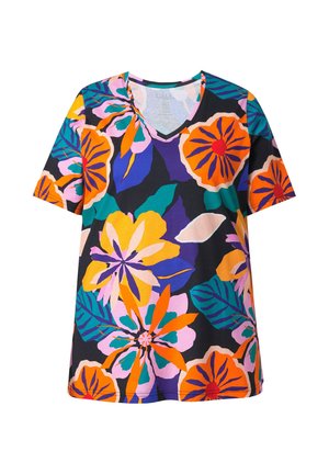 Kurzärmeliges V-Ausschnitt-Hemd mit auffälligem Blumenmuster in Orange, Gelb, Pink, Lila, Türkis und Grün auf schwarzem Hintergrund.
