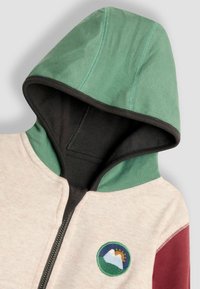 Felpa con zip di colore beige, verde e bordeaux. Presenta un cappuccio bicolore e un logo di montagna ricamato sul petto. Tessuto morbido.
