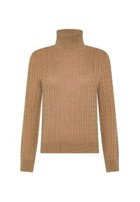 Maglione a collo alto in morbido colore cammello, lavorato a treccia. Presenta maniche lunghe e un design aderente con polsini e orlo a costine. Texture soffice.