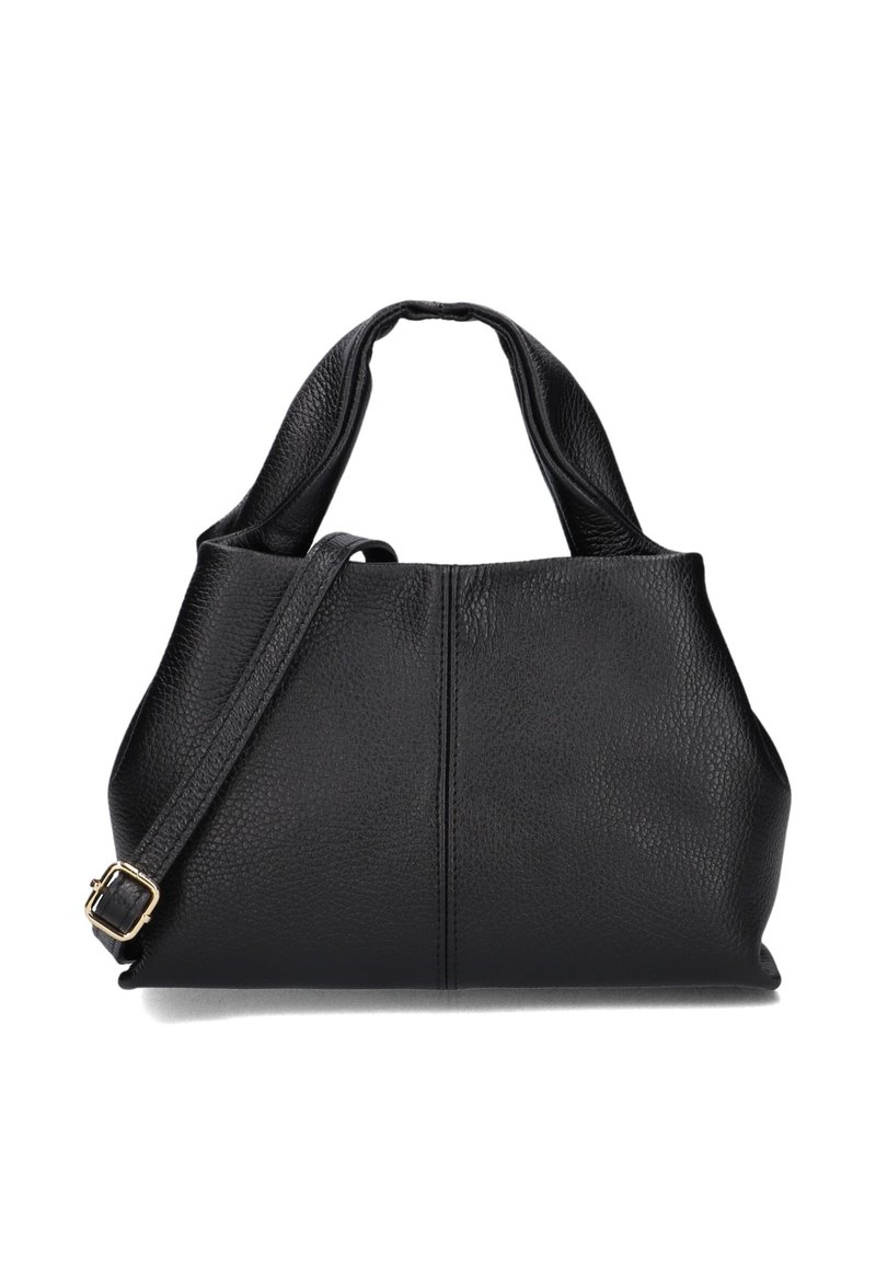 Zwarte leren handtas met een gestructureerd oppervlak, twee korte hengsels en een afneembare schouderband. Minimalistisch ontwerp zonder zichtbare accenten.
