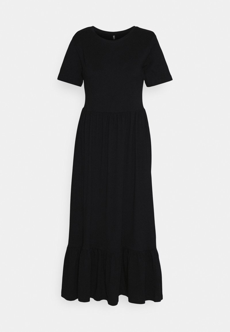 Černé maxi šaty z měkké látky, s krátkými rukávy, kulatým výstřihem a rozšířeným volánkovým lemem. Jednoduchý, rovný střih.