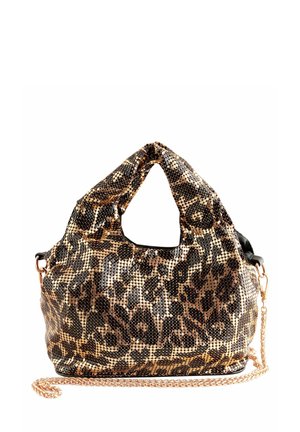 Handtasche im Leopardenmuster mit metallischen Pailletten, einem oberen Griff und einem abnehmbaren goldenen Kettenriemen, ausgestattet mit einer strukturierten Oberfläche und runder Form.