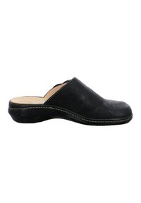 Black leather slip-on clog with beige cushioned insole and slightly raised heel, side view on white background.