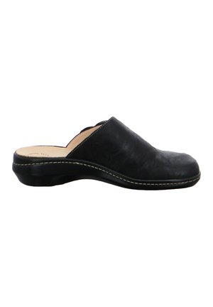 Black leather slip-on clog with beige cushioned insole and slightly raised heel, side view on white background.