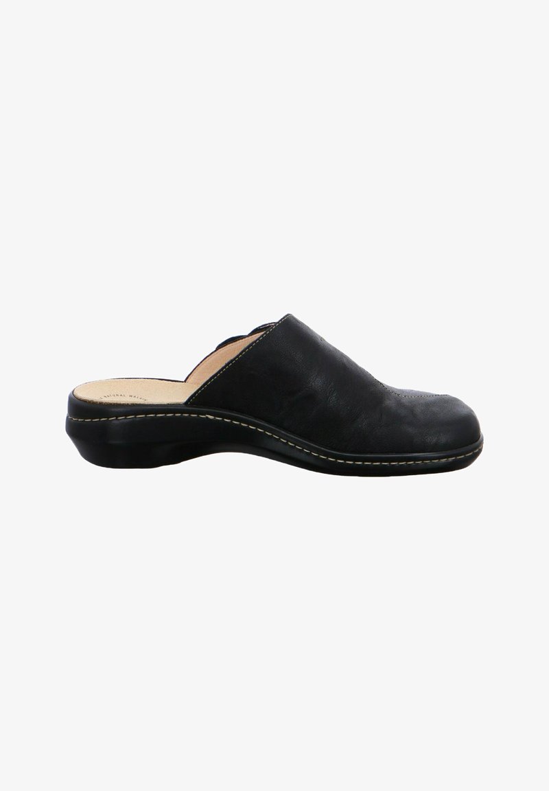 Black leather slip-on clog with beige cushioned insole and slightly raised heel, side view on white background.