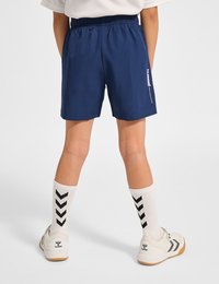 Marineblå sportshorts med elastisk midjeband och sidofickor. Vitt logobroderi på vänster sida. Matchas med vita strumpor och sneakers.