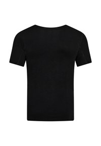 Zwarte t-shirt met korte mouwen van een soepele stof. Heeft een ronde hals en subtiele stikseldetails. Klassieke, getailleerde pasvorm.