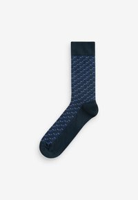 Navy socks with a textured geometric pattern in lighter blue. The top is ribbed, and the overall design is smooth with a reinforced heel.