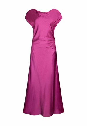 Bodenlanges, seidiges magentafarbenes Kleid mit kurzen Kappärmeln, leichter Drapierung am Ausschnitt und an der Seite sowie einer taillierten Passform.