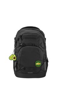 Black fabric backpack with multiple compartments, adjustable straps, and an avocado keychain decoration with green and brown colors.