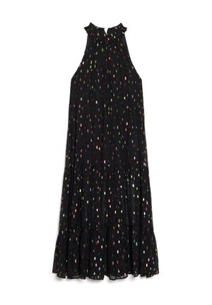 Svart ermeløs kjole med volangkant ved halsen. Den har flerfargede prikkemønstre, en flytende silhuett og en flerlags kant.