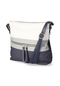 Sac en bandoulière avec une sangle réglable bleu marine, une partie supérieure blanche, un milieu gris et un fond bleu marine, avec une poche zippée sur le devant à double tirette.