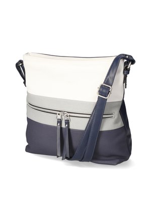 Sac en bandoulière avec une sangle réglable bleu marine, une partie supérieure blanche, un milieu gris et un fond bleu marine, avec une poche zippée sur le devant à double tirette.