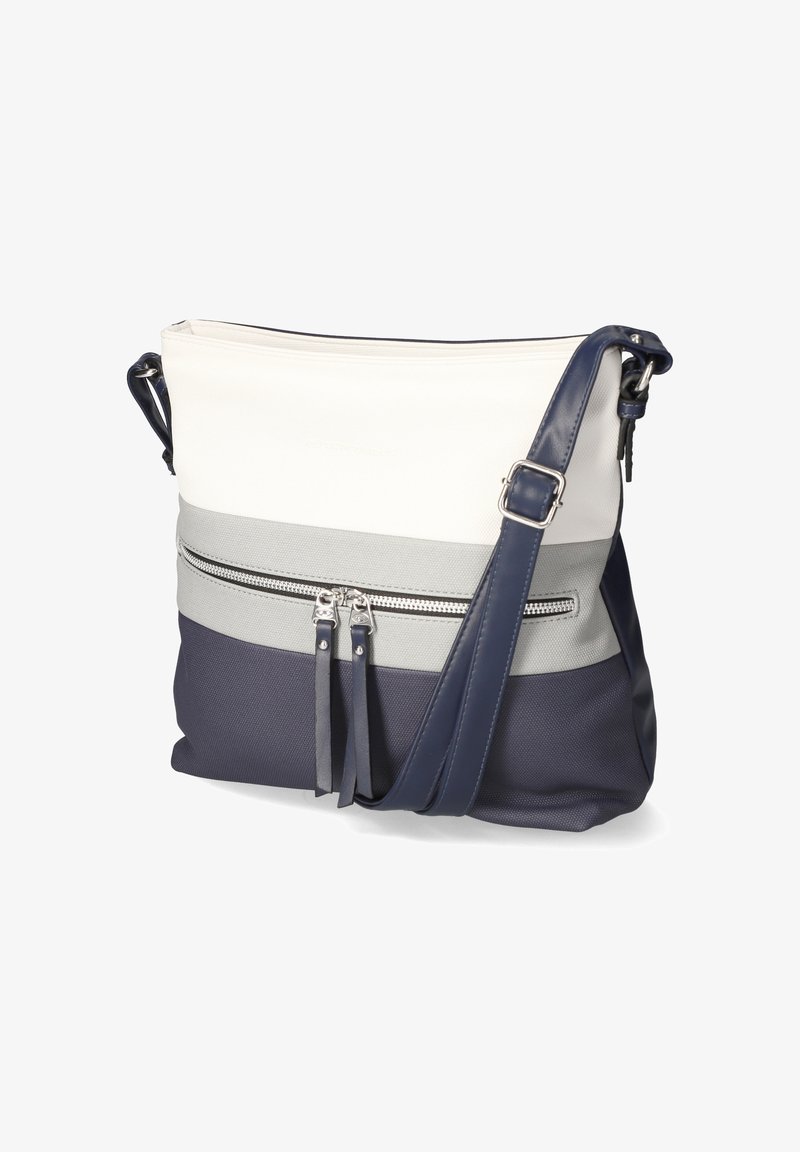 Sac en bandoulière avec une sangle réglable bleu marine, une partie supérieure blanche, un milieu gris et un fond bleu marine, avec une poche zippée sur le devant à double tirette.