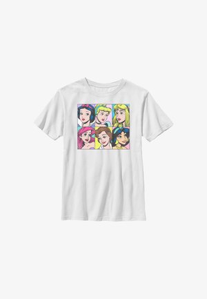 Biały t-shirt z krótkim rękawem z sześcioma kolorowymi, kreskówkowymi twarzami kobiet ułożonymi na przodzie w dwóch rzędach po trzy.