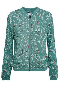 Veste bomber verte avec un imprimé floral et d'oiseaux, fermeture éclair, poignets et taille côtelés, confectionnée dans un tissu léger et doux.