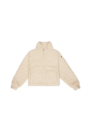 Cream-colored jacket made of soft, textured fabric with a floral pattern, high collar, zip front, and elastic cuffs and hem.