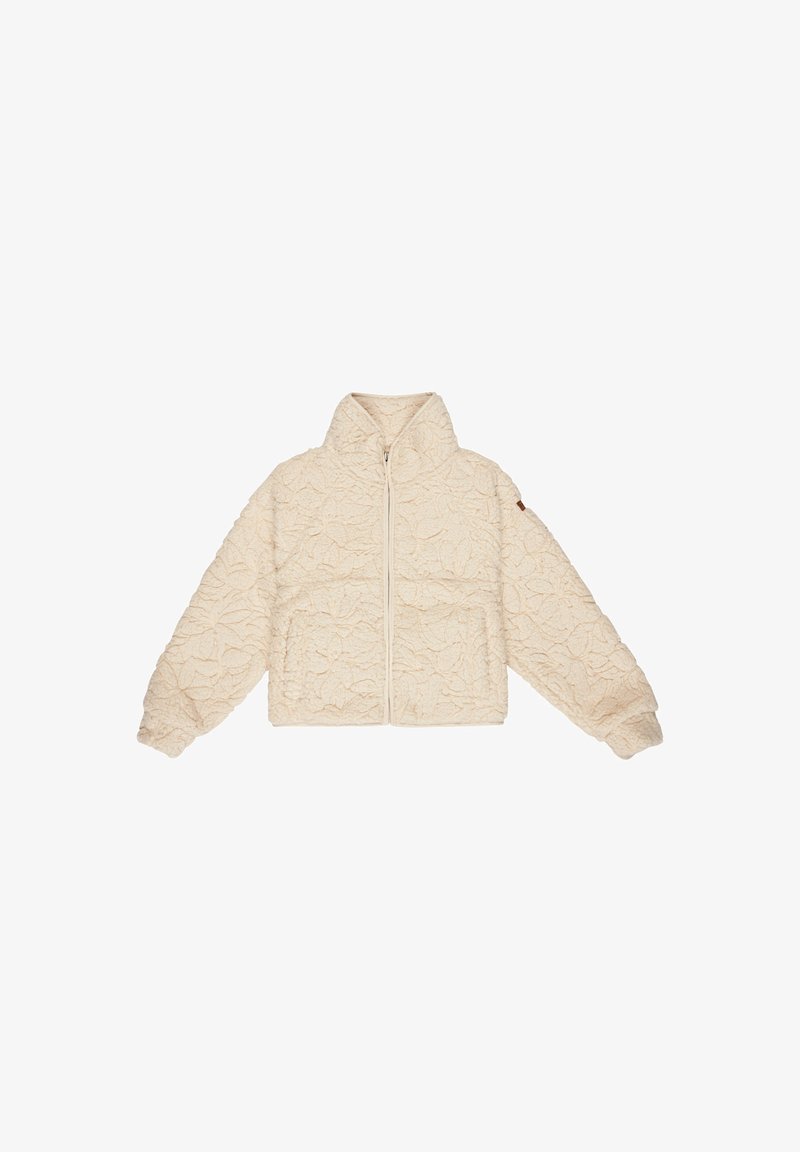 Kremowa kurtka wykonana z miękkiego, teksturowanego materiału w kwiatowy wzór, z wysokim kołnierzem, zapięciem na zamek z przodu oraz elastycznymi mankietami i dołem.