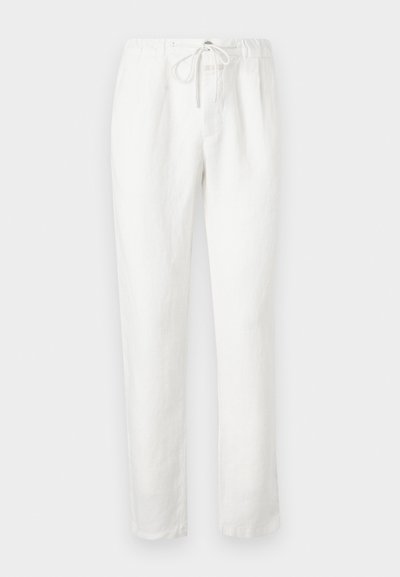 Pantalon blanc décontracté avec taille élastique et fermeture à cordon, coupe droite, présenté à plat sur fond clair.