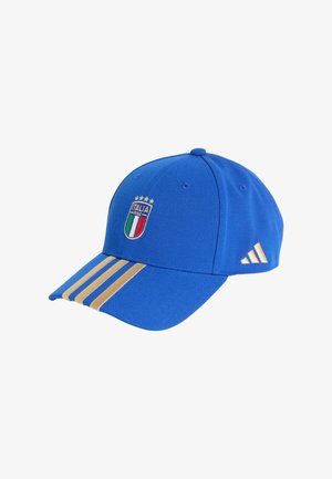 Blauwe baseballcap met een geborduurd Italië-logo met gouden accenten en drie gouden strepen op de rand. Gemaakt van geperst stof.