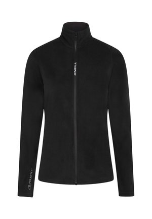 Schwarze Fleecejacke mit hohem Kragen und durchgehendem Reißverschluss. Merkmale sind eine glatte Textur und weiße Markenlogos auf der Brust und dem Ärmel.