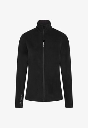 Chaqueta de forro polar negra con un alto collar y cremallera completa. Incluye un acabado suave y una marca blanca en el pecho y la manga.