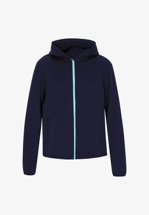 Marineblå zip-hoodie med en turkis lynlås, har hætte og sidelommer. Glat stof med lange ærmer og en almindelig pasform.