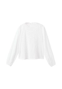 Blusa bianca a maniche lunghe con scollatura rotonda, texture plissettata e chiusura sul retro a occhio di chiave. Tessuto leggero con dettagli delicati.