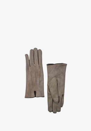 Guanti in pelle beige con cinque dita, caratterizzati da cuciture dettagliate e una texture liscia. L'area del pollice presenta un accento arrotondato.