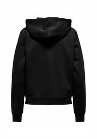 Sweat à capuche noir à manches longues avec poignets et bandeau côtelés, vu de dos sur fond blanc.