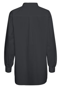 Long-sleeve shirt in solid black, featuring a back yoke, gathered sleeve cuffs, and a collared neckline. Smooth, lightweight fabric.