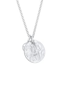 Collana d'argento con un pendente rotondo testurizzato e un accento liscio. Marcata "925" per la qualità dell'argento sterling. I collegamenti della catena sono fini e delicati.