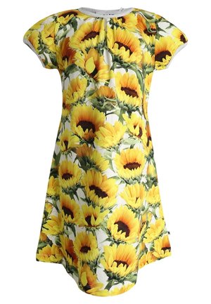 Kjole i bomuld med et lyst solsikkemønster i gul og grøn, korte ærmer og en løs A-formet silhouette. Holdbart stof, der kan vaskes i maskine.