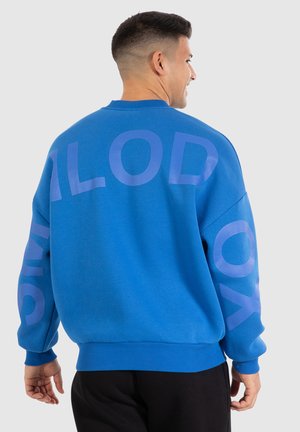 Blauwe sweatshirt van zachte stof met oversized lichtblauwe tekst op de achterkant en mouwen. Bevat ribgebreide manchetten en zoom.
