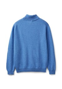 Modrý svetr s dlouhými rukávy a žebrovaným stojáčkovým límcem, manžetami a dolním lemem, zobrazený ze zadní strany na bílém pozadí.