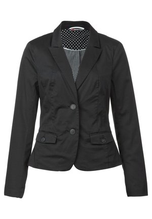 Veste noire avec un design ajusté, fermeture à un bouton, deux poches avant et une doublure à pois. Texture lisse, style formel.