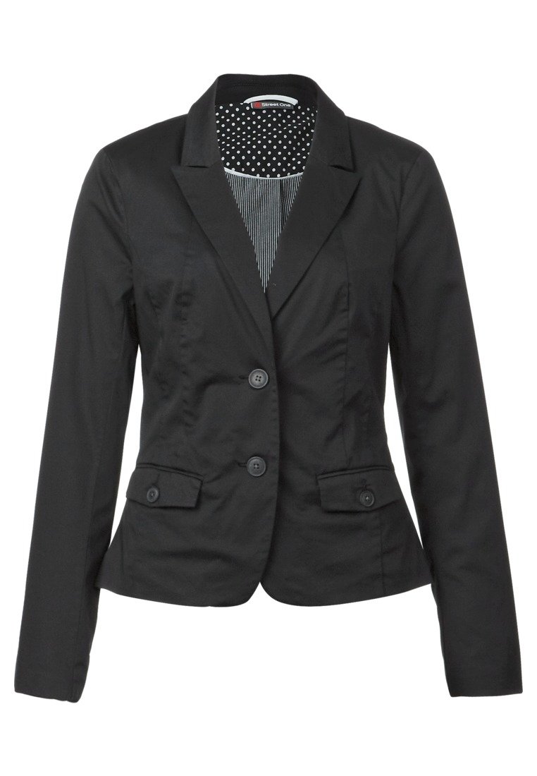 Svart blazer med en figursydd design, enkelknäppt stängning, två framfickor och ett innerfoder med prickar. Slät struktur, formell stil.