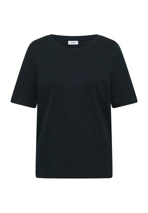 Zwarte kort mouw ribgebreide top met ronde hals en merketiket aan de binnenkant van de achterkraag.