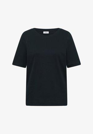 Czarny prążkowany top z krótkim rękawem, okrągłym dekoltem i metką marki wewnątrz z tyłu kołnierza.