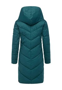Teal padded coat with a hood, featuring a chevron pattern in the stitching, long sleeves, and a slightly tapered silhouette.