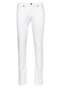 Weisse Baumwolljeans im Straight-Leg-Schnitt mit fünf Taschen, Knopfverschluss und kontrastierenden schwarzen Hardware-Details. Glatte Textur und minimalistisches Design.