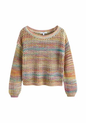 Pulover tricotat multicolor cu model larg și deschis, mâneci lungi, manșete cu dungi, tiv și decolteu rotund larg.