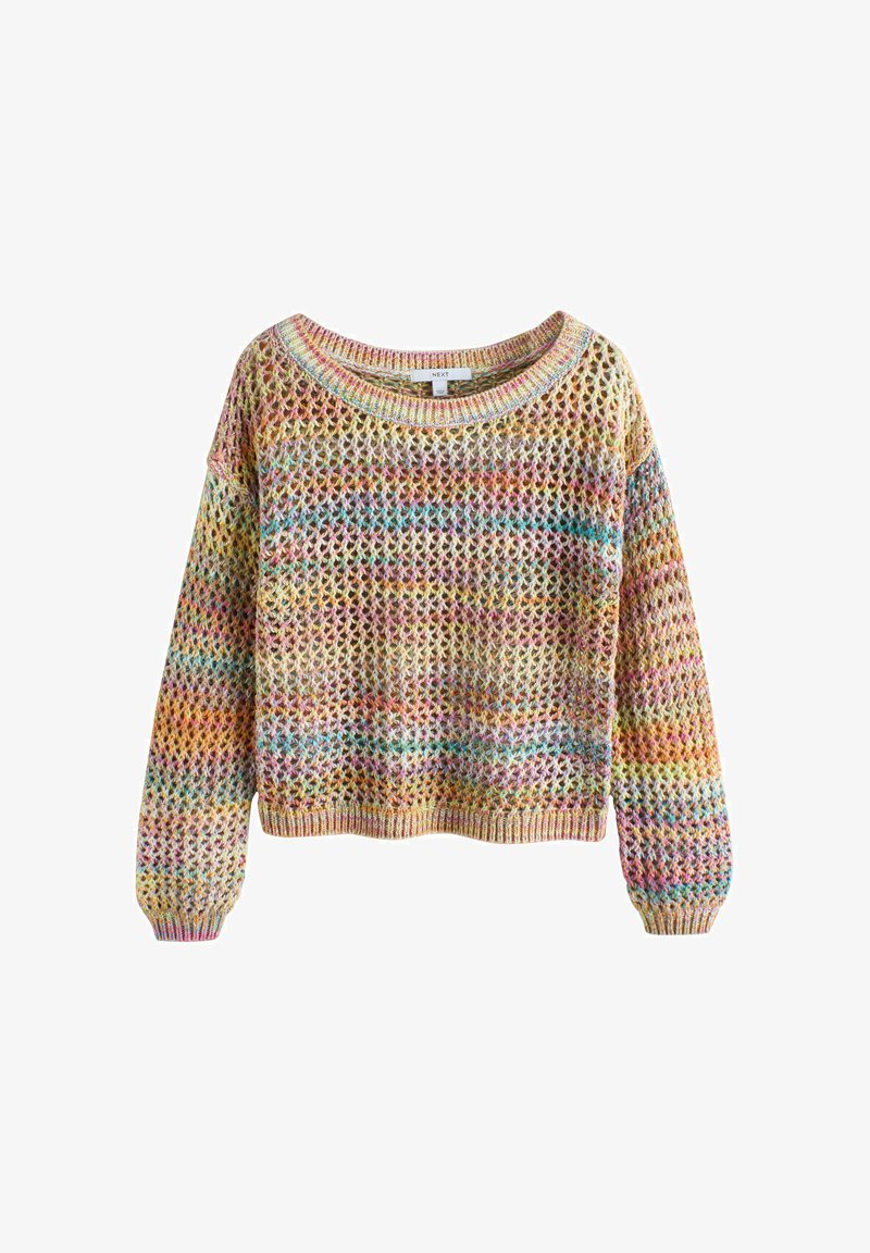 Viacfarebný pletený sveter s voľným, otvoreným vzorom stehu, dlhými rukávmi, rebrovanými manžetami, lemom a širokým okrúhlym výstrihom.