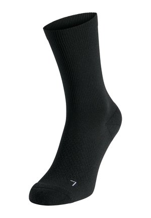 Schwarze Socke bis zur Mitte der Wade mit geripptem oberen Teil und strukturiertem Fußbereich, mit einem kleinen weißen "L" nahe der Spitze zur Kennzeichnung des linken Fußes.