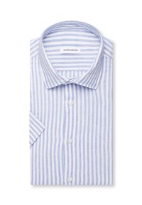 Chemise pliée à manches courtes rayée verticalement bleu clair et blanc, avec boutons, col pointu et étiquette de marque visible à l’intérieur.