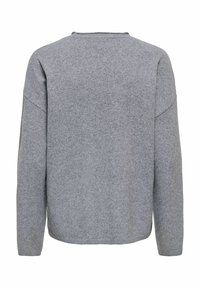 Pull gris uni à manches longues avec col rond, vu de dos, présentant une texture douce et tricotée.